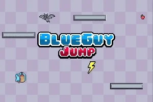 파란색 글자로 BLUE GUY와 빨간색 글자로 JUMP가 쓰여 있으며, 회색 발판, 박쥐, 번개, 사과 아이콘이 있는 체크무늬 배경
