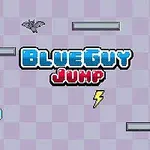 파란색 글자로 BLUE GUY와 빨간색 글자로 JUMP가 쓰여 있으며, 회색 발판, 박쥐, 번개, 사과 아이콘이 있는 체크무늬 배경