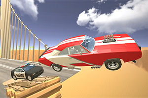 빨간 스포츠카가 경사로를 점프하며 경찰차 옆을 지나가는 장면