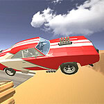 빨간 스포츠카가 경사로를 점프하며 경찰차 옆을 지나가는 장면