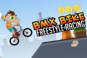 만화 스타일의 캐릭터가 BMX 자전거를 타고 점프하며 세 개의 금색 동전과 두건을 쓴 해골 이미지가 있는 장면