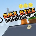 만화 스타일의 캐릭터가 BMX 자전거를 타고 점프하며 세 개의 금색 동전과 두건을 쓴 해골 이미지가 있는 장면