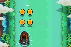 보트가 강을 따라 달리면서 동전 네 개가 배열되어 있는 장면