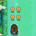 보트가 강을 따라 달리면서 동전 네 개가 배열되어 있는 장면