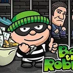 녹색 모자를 쓴 도둑 캐릭터가 돈을 들고 웃고 있으며 두 명의 남성이 감옥에 갇힌 모습