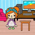 파란색 리본을 한 주황 머리의 캐릭터가 책상과 컴퓨터가 있는 방에 서 있다