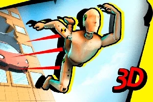 인형이 빌딩 옆을 날아가며 차가 뒤따르는 장면