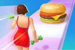 빨간 드레스를 입은 여성이 덤벨을 들고 트랙을 달리며 앞에 커다란 햄버거가 놓여 있는 모습