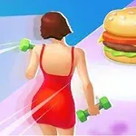 빨간 드레스를 입은 여성이 덤벨을 들고 트랙을 달리며 앞에 커다란 햄버거가 놓여 있는 모습
