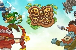 중앙에 나무와 잎을 배경으로 한 로고가 있고, 양쪽에는 활을 든 다양한 캐릭터들이 포즈를 취하고 있는 장면