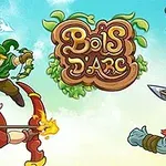 중앙에 나무와 잎을 배경으로 한 로고가 있고, 양쪽에는 활을 든 다양한 캐릭터들이 포즈를 취하고 있는 장면