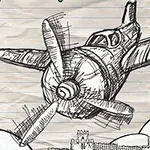 종이에 스케치된 프로펠러 비행기가 하늘을 나는 모습