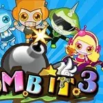 다섯 명의 로봇 캐릭터들이 폭탄을 중심으로 하여 속도감을 주는 파란색 배경 위에 배치되어 있다