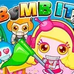 다양한 색상의 로봇 캐릭터들이 웃으며 중앙에 모여 있고, 상단에 BOMB IT 5라는 텍스트가 있는 이미지