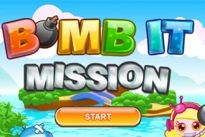 알록달록한 글자로 BOMB IT MISSION이 쓰여 있고, 아래에 주황색 START 버튼이 있는 화면