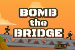 병사 두 명이 다리를 건너고 있는 그림자 스타일의 이미지와 BOMB the BRIDGE라는 큰 텍스트가 오렌지색 하늘 배경 위에 있는 장면