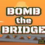 병사 두 명이 다리를 건너고 있는 그림자 스타일의 이미지와 BOMB the BRIDGE라는 큰 텍스트가 오렌지색 하늘 배경 위에 있는 장면