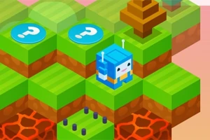 초록색 블록과 화산 지형 위에 파란 로봇과 물음표가 있는 게임 화면