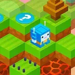 초록색 블록과 화산 지형 위에 파란 로봇과 물음표가 있는 게임 화면