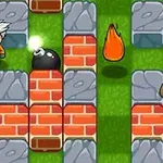 회색 머리 캐릭터와 폭탄, 불꽃, 헬멧을 쓴 전사 캐릭터가 벽돌과 돌로 이루어진 미로에 있는 장면