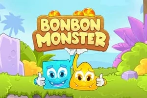 푸른 사각형과 노란색 물방울 모양의 귀여운 캐릭터들이 자연 배경 속에서 BONBON MONSTER라는 글씨를 들고 있는 장면