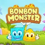 푸른 사각형과 노란색 물방울 모양의 귀여운 캐릭터들이 자연 배경 속에서 BONBON MONSTER라는 글씨를 들고 있는 장면