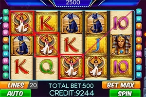 이집트 테마의 슬롯 머신 화면으로 고양이와 피라미드 그림이 포함되어 있음