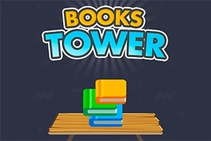Books Tower라는 글자가 있으며, 여러 색깔의 책들이 나무 테이블 위에 쌓여 있는 이미지