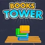 Books Tower라는 글자가 있으며, 여러 색깔의 책들이 나무 테이블 위에 쌓여 있는 이미지