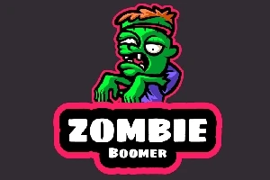 초록색 피부와 헝클어진 머리를 가진 만화 스타일 좀비 그림과 ZOMBIE BOOMER 텍스트
