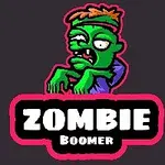 초록색 피부와 헝클어진 머리를 가진 만화 스타일 좀비 그림과 ZOMBIE BOOMER 텍스트