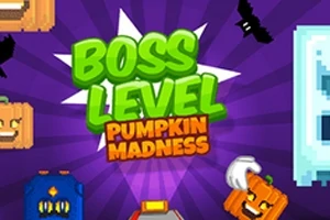보라색 배경에 BOSS LEVEL PUMPKIN MADNESS라는 글자와 주변에 박쥐와 호박 이미지들이 있습니다