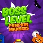 보라색 배경에 BOSS LEVEL PUMPKIN MADNESS라는 글자와 주변에 박쥐와 호박 이미지들이 있습니다