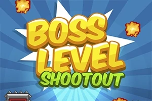 노란색과 초록색 글씨로 BOSS LEVEL SHOOTOUT라는 제목이 파란 배경 위에 폭발 효과와 함께 배치되어 있습니다