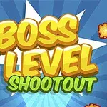 노란색과 초록색 글씨로 BOSS LEVEL SHOOTOUT라는 제목이 파란 배경 위에 폭발 효과와 함께 배치되어 있습니다