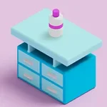 파란색 서랍장 위에 하얀 병이 올려져 있는 장면