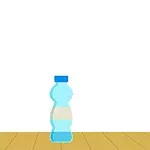 파란 뚜껑이 있는 투명한 물병이 나무 바닥 위에 놓여 있다