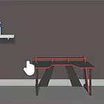 벽에 붙은 선반 위에 물병이 있고, 검은색과 빨간색의 책상과 게이밍 의자가 있는 방