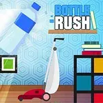 플라스틱 병이 공중에 떠있고, 배경에는 스피커, 진공청소기, 책장이 있는 방의 모습