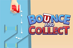 빨간 컵에서 흰 구슬들이 떨어지며 이동하고, 배경에는 BOUNCE AND COLLECT라는 글자가 있는 이미지