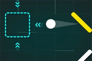 흰 공이 파란 선으로 테두리된 사각형을 향해 이동하고, 오른쪽에 노란 막대와 회색 그림자가 있는 이미지