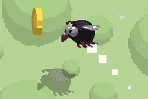 초록 배경 위에 날개 달린 까마귀와 금색 동전이 있는 픽셀 아트 이미지