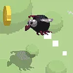 초록 배경 위에 날개 달린 까마귀와 금색 동전이 있는 픽셀 아트 이미지