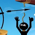 검은색 막대 인간이 활을 쏘아 밧줄에 매달린 다른 막대 인간을 구하는 장면