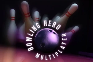 보라색 볼링공이 넘어지는 볼링 핀들과 함께 중앙에 있고, 주변에 Bowling Hero Multiplayer라는 글자가 있다