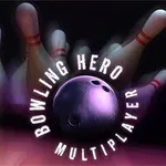 보라색 볼링공이 넘어지는 볼링 핀들과 함께 중앙에 있고, 주변에 Bowling Hero Multiplayer라는 글자가 있다