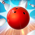 빨간색 볼링공이 여러 개의 핀을 향해 날아가고 있는 장면