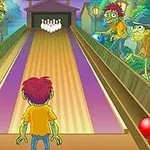 좀비가 배경에 있는 볼링장을 바라보는 소년