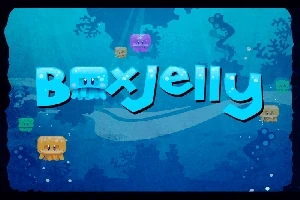파란 배경에 다양한 색상의 네모난 해파리들과 BoxJelly라는 단어가 있는 이미지