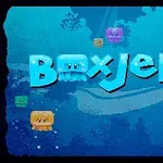 파란 배경에 다양한 색상의 네모난 해파리들과 BoxJelly라는 단어가 있는 이미지
